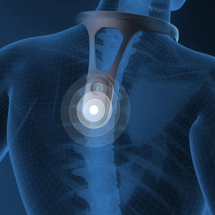 Diagram showing the Smart Posture Corrector positioned across the upper back and neck, with the vibration sensor over the upper spine